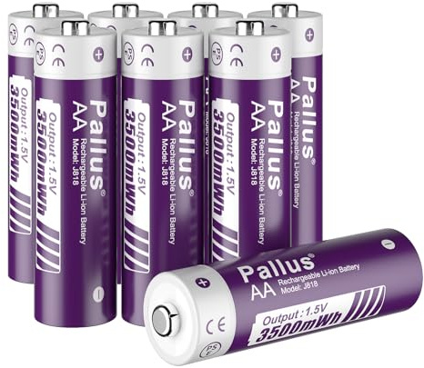 Pallus 8 Stück 3500mWh (1,5V, 2333mAh) Wiederaufladbare AA Lithium Akku mit Hoher Kapazität, Max. 3A Entladung, Zykluszeiten über 1600, 2-Stunden-Schnellladung, Passend für Blink-Kamera