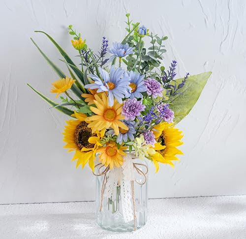SUNNY BROOK Artificial Silk Sunflower with Vase Fake Flowers in Vase Centerpiece Coffee Table Decor, Fake Plant Blue Daisy Flower Arrangement for Spring Decorations Indoor Home Office Living Room