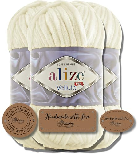 Hobby YARN 3x Etikettenlabel mit Alize Velluto Wolle Premium 3x100g als Set, Chenille Dicke Wolle zum Häkeln Uni Farbe Bulky Amigurumi Baby Kuschelwolle Filzwolle (Light Cream - 62)