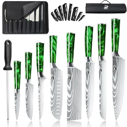 Dfito Messerset mit Nylon Rolltasche, 9-tlg Scharfe Küchenmesser Set | Professionelles High Carbon Edelstahl mit Schön Harz Griff mit Kochmesser, Brotmesser, Santokumesser, Gemüsemesser, Wetzstab