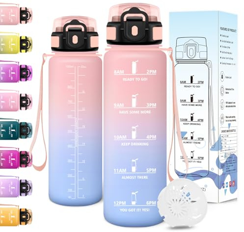 Motswedi Gourde Sport, 1000ml Anti Fuite, Gourde 1l, Réutilisable, Bouteille d'eau, sans BPA, Bouteille Reutilisable, pour Adulte, Randonnée, l'école, Fitness, Yoga, Rose & Bleu Ciel