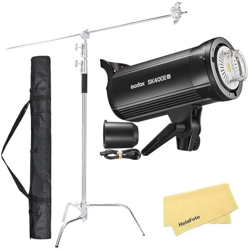 Godox SK400II-V SK400IIV Professional Studio Strobe Flash Light with C Stand Pack,0.1-1.5S Recycle Time,2.4G X System,Bowens Mount with 10W LED Modeling Lamp for Photography(Godox SK400II Upgrade)