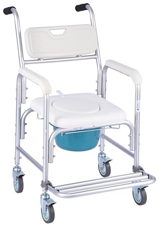 VEVOR Bedside Commode Chair with Wheels, 350 lbs Capacity, 4-in-1 Portable Toilet and Raised Toilet Seat with Padded Seat/Backrest/Flip-up Footrest, Detachable 5L Bucket, Shower Wheelchair for Seniors