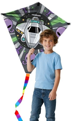 Large Beach Kite for Adults and Kids, Easy to Fly Delta Kite with String Line and Colorful Tail, Perfect Outdoor Toy for Beach Trip and Beginners (Spaceship)