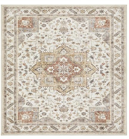 VARIKASHOM Teppich Quadratisch,Vintage Orientalisch Traditionell Distressed Haus Dekor, Taupe, 100 x 100 cm,Kurzflor Teppich fürs Schlafzimmer, küchenmatten, Bettvorleger Sofa Matte