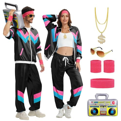 OPAEHJF 80er 90er Jahre Outfit für Herren Damen, Retro 80er Jahre Trainingsanzug Jacke Hose Anzug mit Goldkette Aufblasbare Radio für Fasching Karneval (Schwarz, XS)