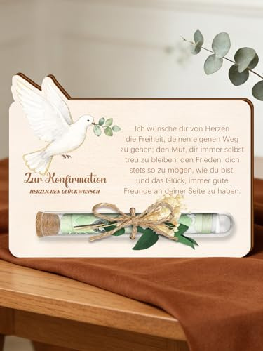 GluckGeschenk Konfirmation Geschenk Mädchen Junge, Geldgeschenk Konfirmation, Konfirmationskarten Holz mit Reagenzglas und Trockenblumen, Konfirmationsgeschenke für Jungs Mädchen