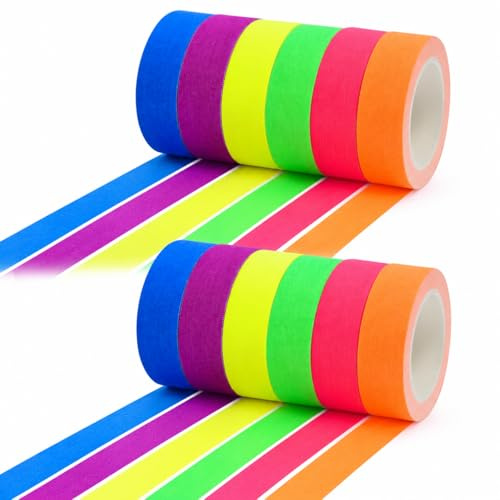 12PCS Ruban Adhésif Néon UV, Neon Tape, 5 m x 15 mm, Ruban Fluorescent Multicolore pour Lumière Noire, Bande Autocollante Haute Visibilité pour Décoration, Marquage au Sol, DIY, Soirées et Événements