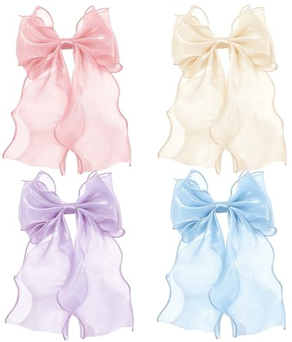 Girls Hair Bows, Multicolor Bow Barrettes Set for Women, 4 Pcs | Soft Net Fabric Feels Gentle, Secure Claw Clip Holds Without Discomfort, Suitable for Daily Wear and Special Events