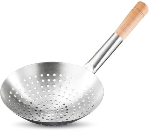 MotiveTech Mestolo Forato in Acciaio Inox Comodo Mestolo con Manico in Legno Antiscivolo Utensile da Cucina per Frittura, 26 Cm