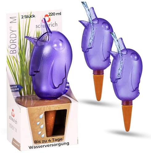 Scheurich Wasserspender Bördy M | 2 x Lila | 220ml Füllmenge | Bewässerungskugel klein mit Ton Fuß | Wasserspender Pflanzen und Blumen Terrakotta Stiel