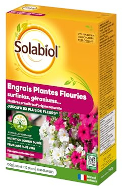 SOLABIOL Fertilizante geranios y plantas florecientes – 750 g – Hasta 120 plantas – Nutrición larga duración – 2 veces más flores – Utilizable en agricultura orgánica SOGERY750