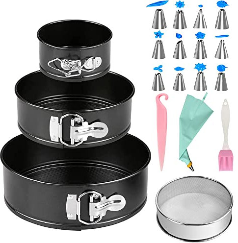 SpringformKuchenformen Set mit 3 Stückmit 1 Mehlsieb,1 Dekorationswerkzeug,Karbonstahl Backform Profi-Kuchenform rund Backutensilien, abnehmbarer Boden, antihaftbeschichtet, leakfest(Ø13cm/18cm/23cm)