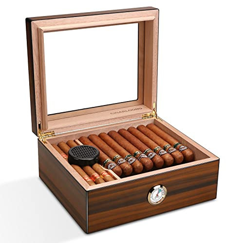 CIGARLOONG Cigar Humidor Brown 35-56 Cigars Desktop Cedar Wood Lined Cigar Storage Box with Hygrometer and Humidifier (Middle)