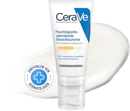 CeraVe, Loción Hidratante de Rostro SPF 50, Para Piel Normal a Seca, Hidratación y Alta Protección Contra los Rayos UVB/UVA, Enriquecida con Ceramidas, 52ml