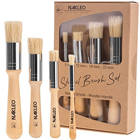 NAKLEO Lot de 4 Pinceaux à Pochoir en Bois, 6, 12, 18, 22 mm Pinceau en Poils Naturels pour Peinture, Cire, Craie, Huile, Acrylique, Aquarelle, Cartes, Art Artisanat Projet de Bricolage DIY
