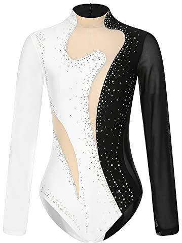 iEFiEL Damen Langarm Turnanzug mit Glitzer Strass Tanzbody Einteiler Tanzanzug Sportlich Leotard Ballett Trikotanzug Wettbewerb Tanzkostüm Schwarz + Weiß S