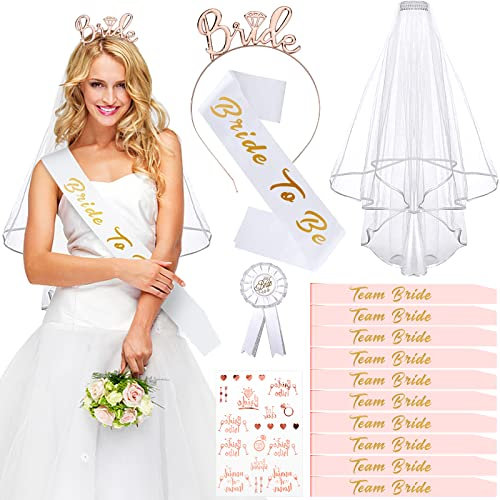 JGA Deko Schärpe Set mit 15 Stücken für Braut und Team Bride. Enthält 10 Team Bride Schärpen, 1 Braut Schärpe, Schleier, Abzeichen, Tiara, Tattoos und mehr. Perfekt für Junggesellinnenabschiede