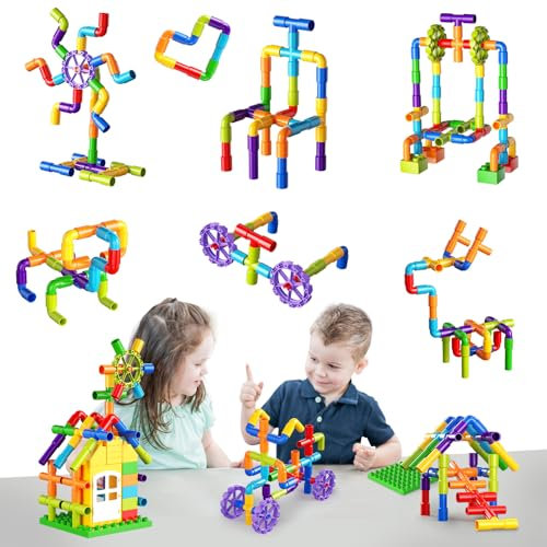 burgkidz Rohr Bausteine, Wasserrohr Spielzeug mit Aktualisierten Rädern Windmühlen, 136 Stück Rohre Bauklötze mit Aufbewahrungsbox, Idee Buch, Pädagogische Kinder Geschenk für 3+ Jahr