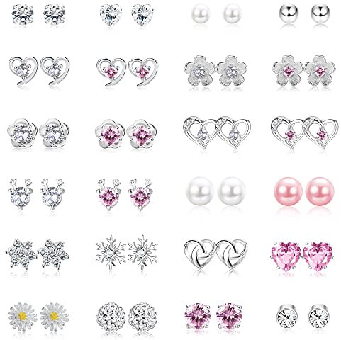 Krfy Ohrstecker Silber 925 für Damen Mädchen Sterling Silber Ohrstecker Perle Kristall Rund Herz Blume Ohrringe Mädchen Hypoallergen Cubic Zirkonia Diamant Ohrringe Set 24 Paar Rosa