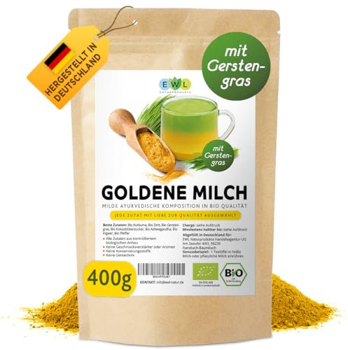 EWL Naturprodukte Bio Goldene Milch mit Gerstengras, 400g Golden Milk mit Kurkuma, Gerstengras, Ingwer, Ashwaganda, Ceylon Zimt, Ceylon Pfeffer, Kokosblütenzucker