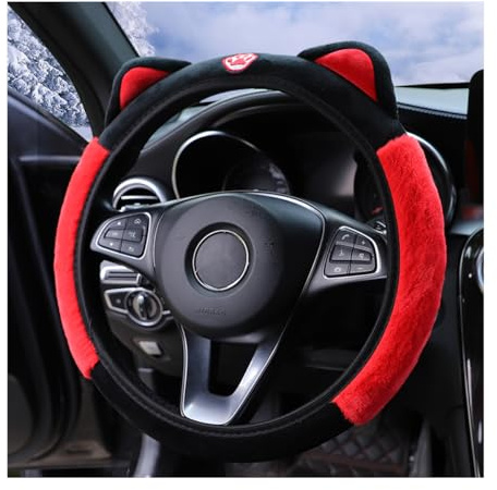 Bittwee Auto Lenkradhülle Flauschig Weich Plüsch für Winter Warm Niedlich Lenkradschoner mit Kitty Katzenohren Universal 15 Zoll Elastisch & Anti-Rutsch Lovely Decor Auto Zubehör (Schwarz/Rot)