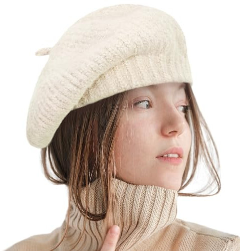 Gllutt Sommer Gestrickte Dünne Baskenmütze für Frauen Französisch Stil Lose Weiche Einfarbig, Wolle Beige, Einheitsgröße