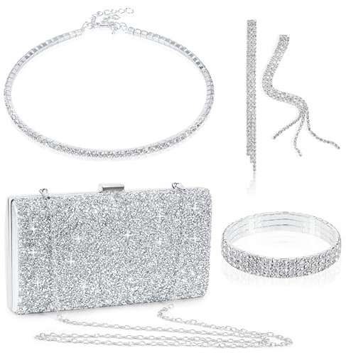 Strass Abendtasche Clutch Damen Glitzer Handtasche Brauthochzeit Clutch Set mit Ohrringe Halskette Armband für Party Hochzeit Bankett Prom 4 Stücke