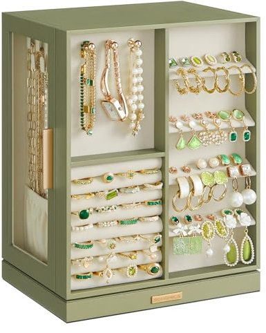 SONGMICS Jewellery Box 360° Rotating, Jewellery Organiser with 5 Drawers, Jewellery Display Case, Glass Window, Spacious, Vertical Jewellery Storage, Open Design, Great Gift, Laurel Green JBC170C02