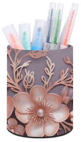 GFLFMXZW Runder Stifthalter für Schreibtisch-Organizer, Leder, Make-up-Pinselhalter, funktionaler Stifthalter, Roségold, elegant, dekorativ, Blumenmuster, multifunktional, Bürobedarf für Zuhause
