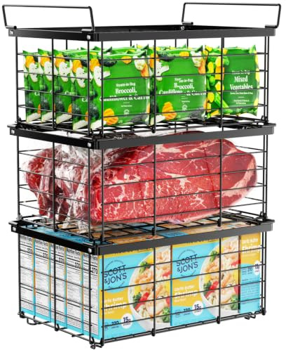 iSPECLE Chest Freezer Baskets, For 283L-566L Chest Freezer, 3 Pack Heavy-Duty Stackable Freezer Organiser to Double Your Storage Space, Robust Metal Sorting System for Bulk Food, Black