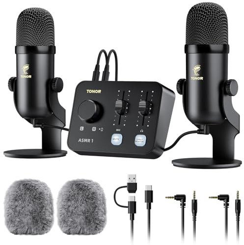 TONOR Ensemble D'équipements Micro ASMR, Microphone à Double Condensateur avec Interface Audio, Audio 3D Immersif, Son Clair, Contrôle du Volume, Kit pour ASMR, Podcast, Enregistrement, Noir