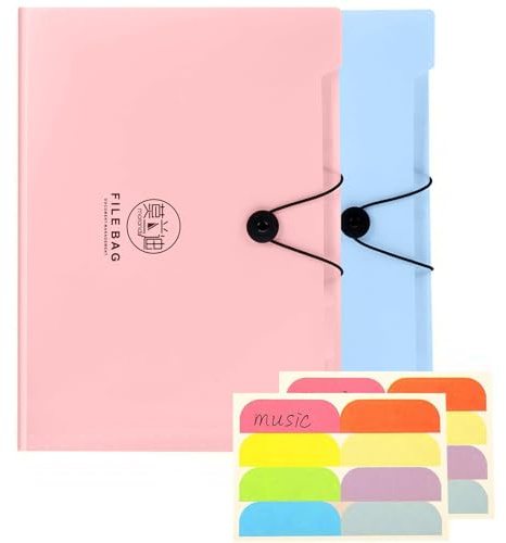 2 Pack Expanding File Folder, A4 File Organiser Plastic Folders with 12 Pockets & 2 Sheets Sticker Document with Safety Rope Presentation Folders Document Project Folder for School Home Off