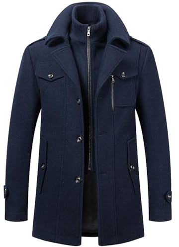 Pdodo Abrigo Corto de Lana para Hombre - Invierno, Corte Regular, Negocios, Ocio - Chaqueta Cálida Con Solapas - Informal, Monocolor, Azul