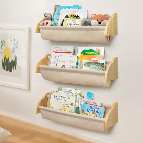 Gronda Étagère Murale en Bois, Étagère pour Enfants de 60 cm, Étagère Murale pour Chambre d'enfants, pour Livres et Jouets, Lot de 3