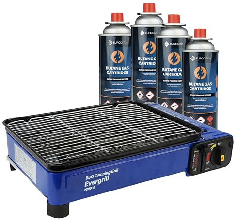 Barbecue à gaz butane Camping Grill Evergrill avec 4 bouteilles de gaz - Barbecue à gaz - Cuisine de camping - Grill de table - Barbecue de table