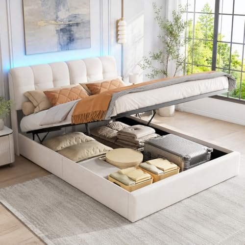 Bett mit Bettkasten,Polsterbett Doppelbett 140x200 cm,Stauraumbett mit LED,Funktionsbett,Hydraulisch Stauraumbett mit Bettkasten,Doppelbett mit Stauraum mit Kopfteil und Lattenrost (Offwhite+Flanell)