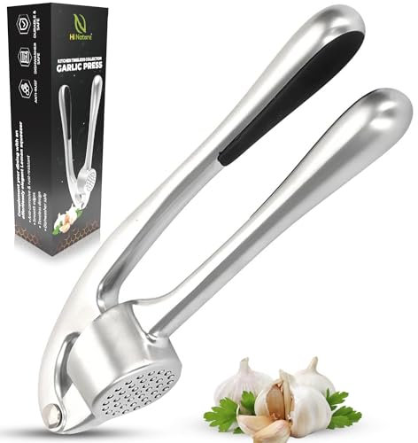 HI NATURE™ Spremiaglio in Acciaio Inox Antiruggine – Schiaccia Aglio Ergonomico Professionale – Tritaglio per Zenzero – Facile da Pulire – Lavabile in Lavastoviglie – Pressa Aglio Durevole Argento