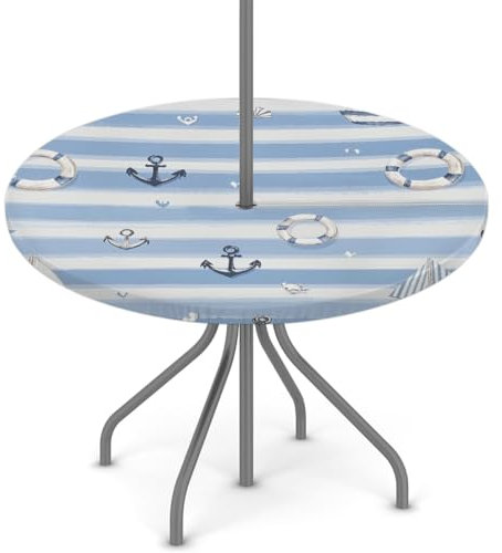 Woltant Nappe ronde avec trou de parasol et fermeture éclair facile à nettoyer avec bords élastiques - Protection de table d'extérieur pour jardin, terrasse, barbecue - Rayures bleues - Ancre de