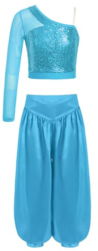 Freebily Completo da Ballo Latino Americano Tango Bambina Crop Top Danza del Ventre Monospalla + Pantaloni a Gamba Larga Costume Danza Moderna Jazz Hip Hop Dancewear Azzurro 11-12 anni