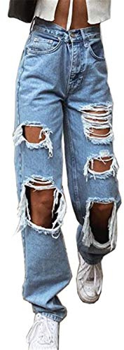 Generisch Damen Jeans Boyfriend High Waist Jeanshose mit Löchern Locker Lang Ripped Jeans Weites Bein Hose Straight Leg Schlaghose Lässig Weich Pants Stretch Baggy Trousers Slim Denim Freizeithose
