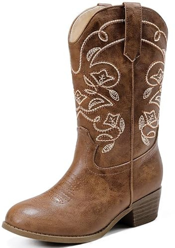 LAURMOSA Big Kids Cowboy Boots for Girls Brown Cowboy Boots Size 2 Cowgirl Western Boot Girls Cow Girl Embroidered Mid Calf Side Zipper Youth Party Birthday Country Dance Horse Riding (UKL1051Brown 2)