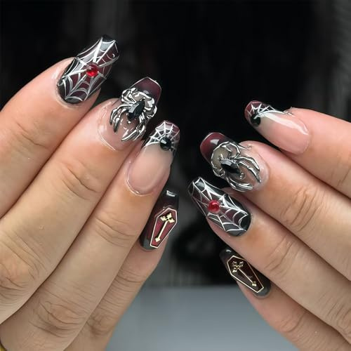 Auroriel 24 Stück Kurze Coffin Press on Nägel in Schwarz mit 3D Spinnen und Spinnennetz Design Wiederverwendbar für Halloween DIY Maniküre