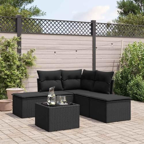 Ensemble de 6 canapés de jardin en polyrotin noir, 55 x 62 x 69 cm, avec coussin, plateau de table en verre trempé, résistant aux UV, groupe de sièges d'extérieur modulaire pour terrasse et balcon