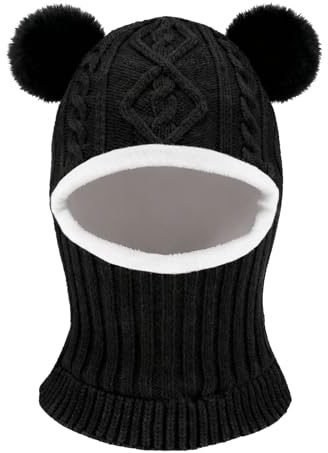 AYPOW Baby barn vintermössa balaclava för 1–6 år, multifunktionell termo, vindtät stickad mössa, halsduk för flickor pojkar småbarn, fleecefodrad slip-mössa, huva för utomhus, B-Svart, one size