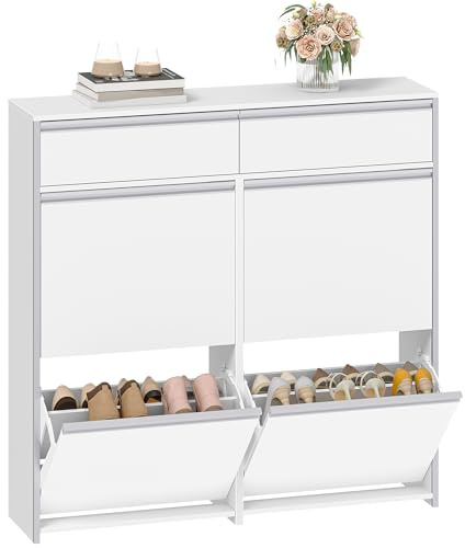 HEXCELEN Schuhschrank mit 4 Klapptüren, Weiß-Silber, 100 x 24 x 99 cm | Schmaler Schuhkipper, Schuhregal mit Schublade, Schmaler Schuhkommode mit 8 Ablageflächen, Verstellbar, für Flure, Eingang