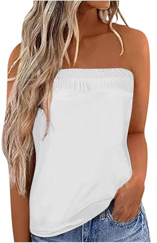 IWOLLENCE Haut sans bretelles pour femme - Débardeur bandeau pour femme - Haut d'été asymétrique de l'avant vers l'arrière - Léger et respirant, blanc, M
