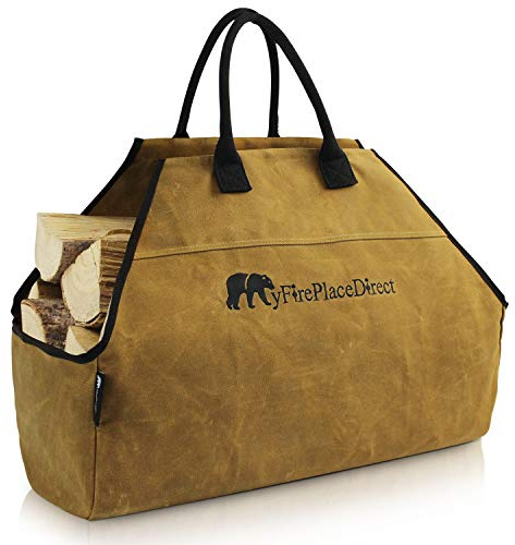 MYFIREPLACEDIRECT Sac fourre-tout robuste en toile cirée avec logo brodé unique, support pour bois de chauffage durable avec poignée confortable solide, sac de transport en bois résistant rouille