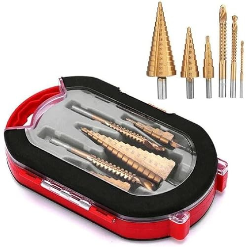 6-teiliges Titan Stufenbohrer Set, Hochgeschwindigkeits Reaming Pagoden Sägezahn Set, 3 Stufen Bohrer, 3 gezackte Bohrer für Blech mit Aluminiumgehäuse, Mehrloch-Stufenbohrer