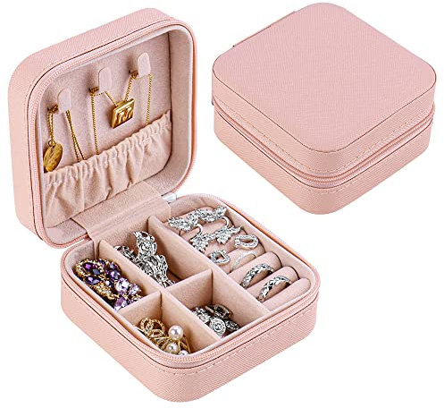 hoinya Jewellery Box, Travel Jewellery Box Organiser Small PU Leather Jewelry Storage Case for Women and Girls' Rings Earrings Necklace Bracelets, Pink